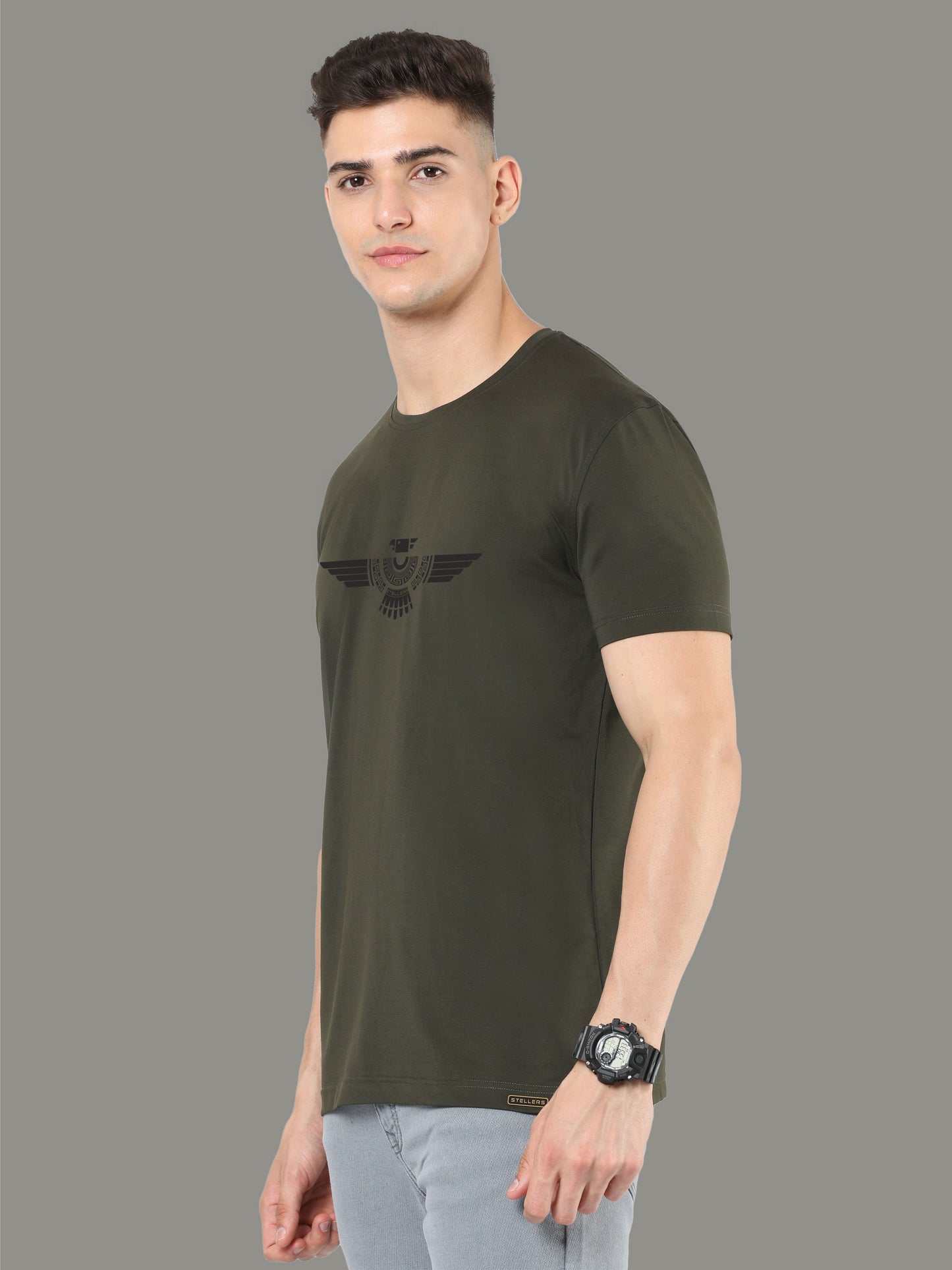 Olive Green Crew Neck T-Shirts Tribal