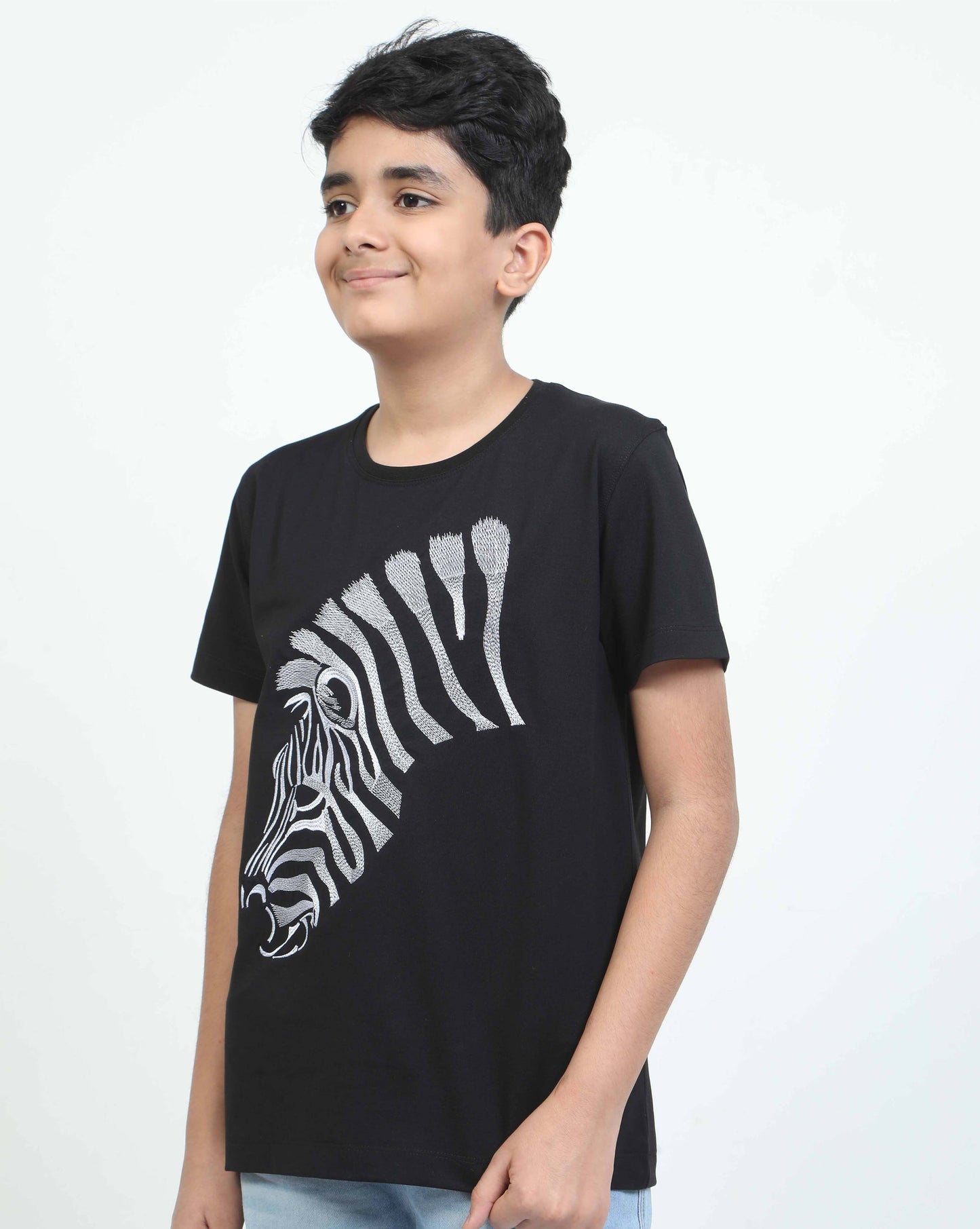 Zebra Embroidery Crew Neck T-Shirt -Black