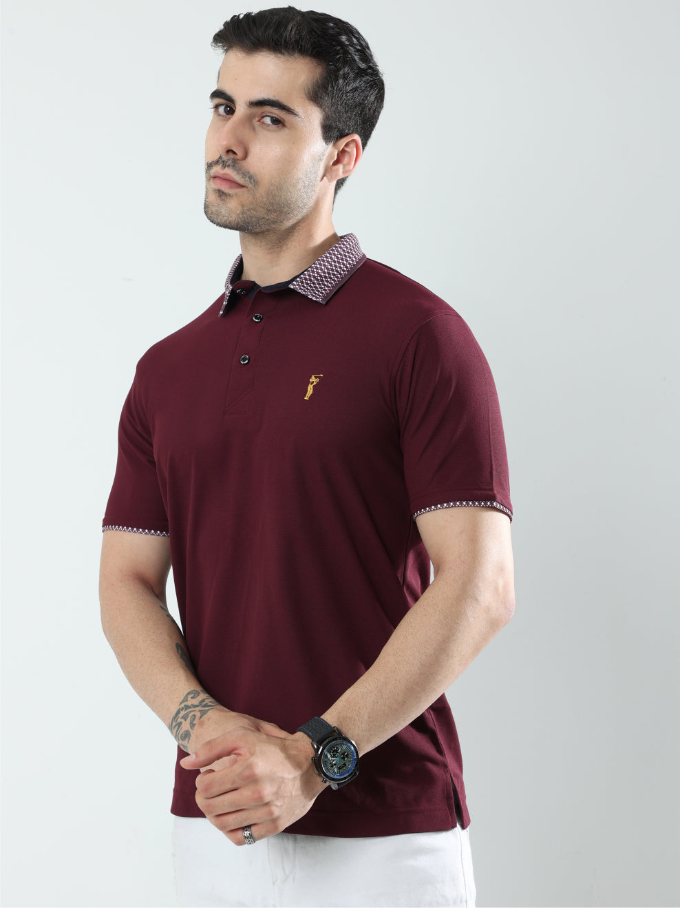 Wine Jacquard Collar Polo T-Shirt