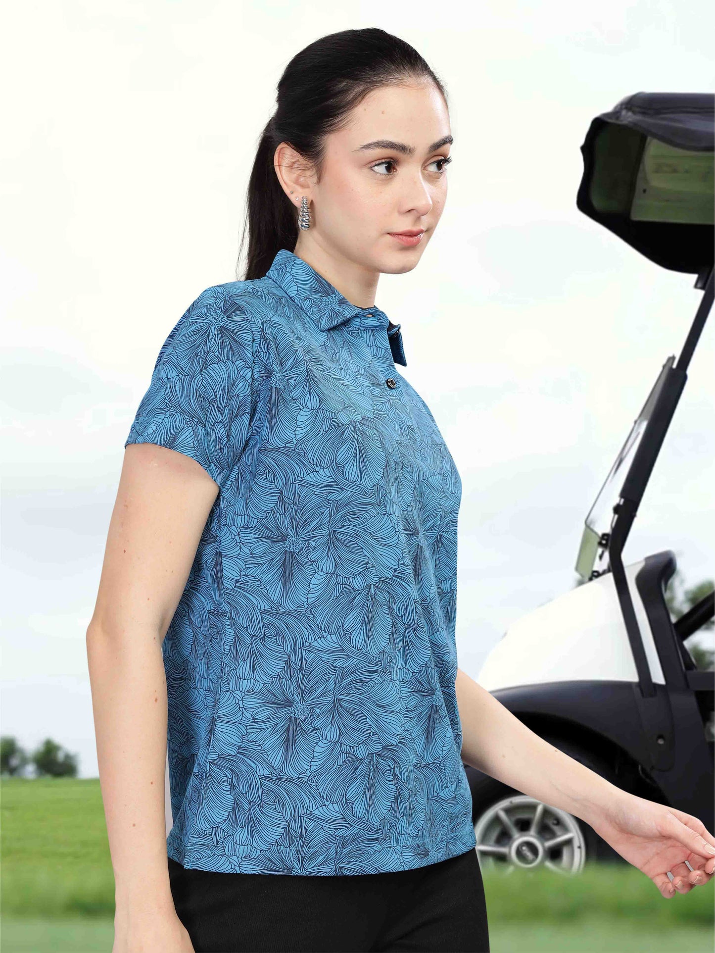 Dell Blue Women's Floral Prints Polo shirts