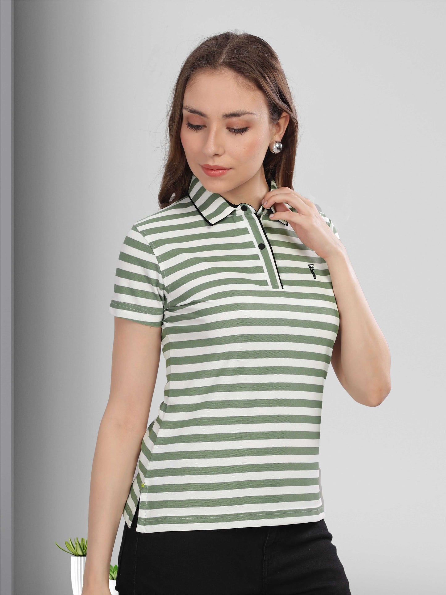 Green Women's Stripes Polos