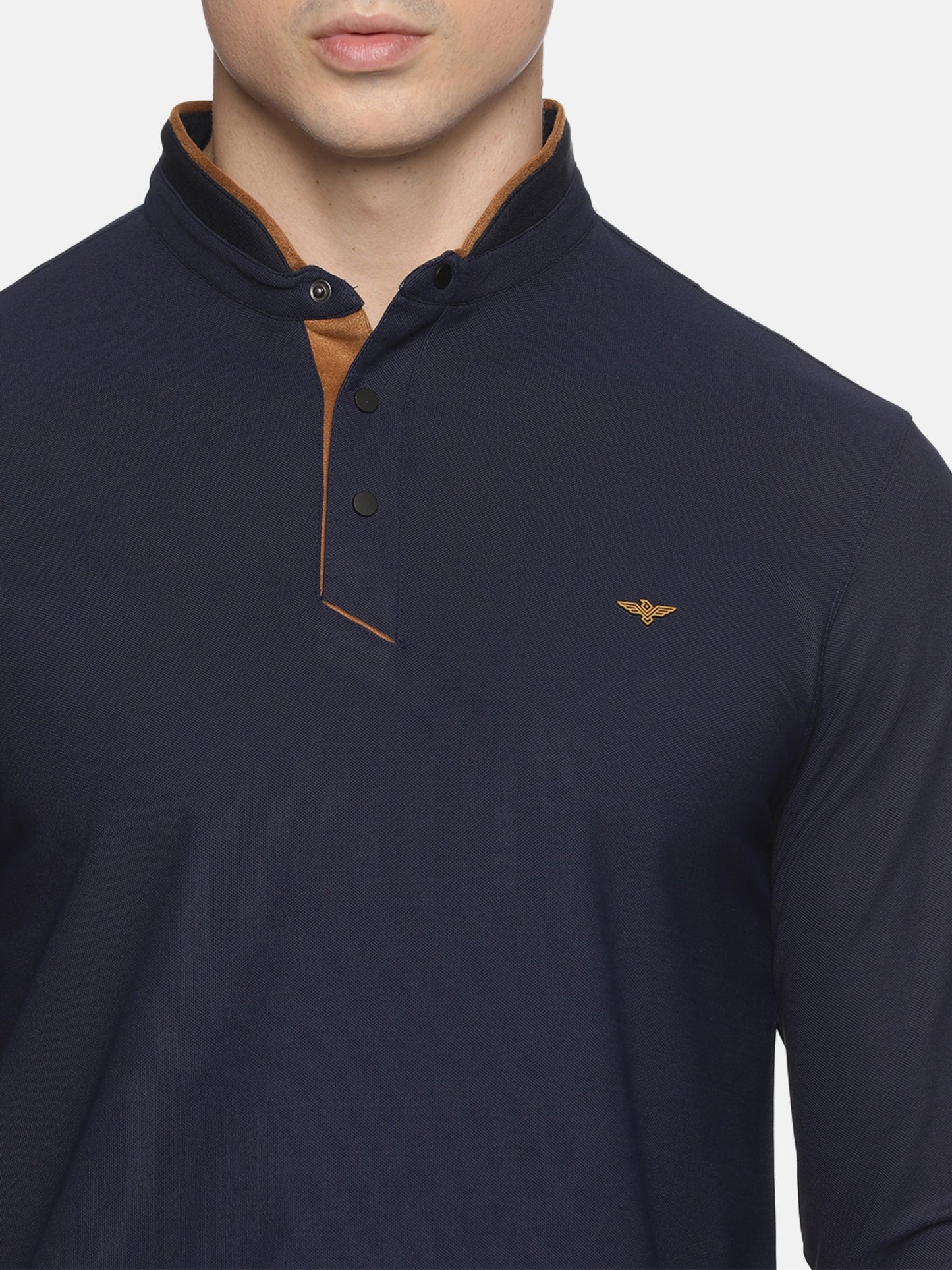 Navy Blue Henley Full Sleeve Snap Button T-Shirt