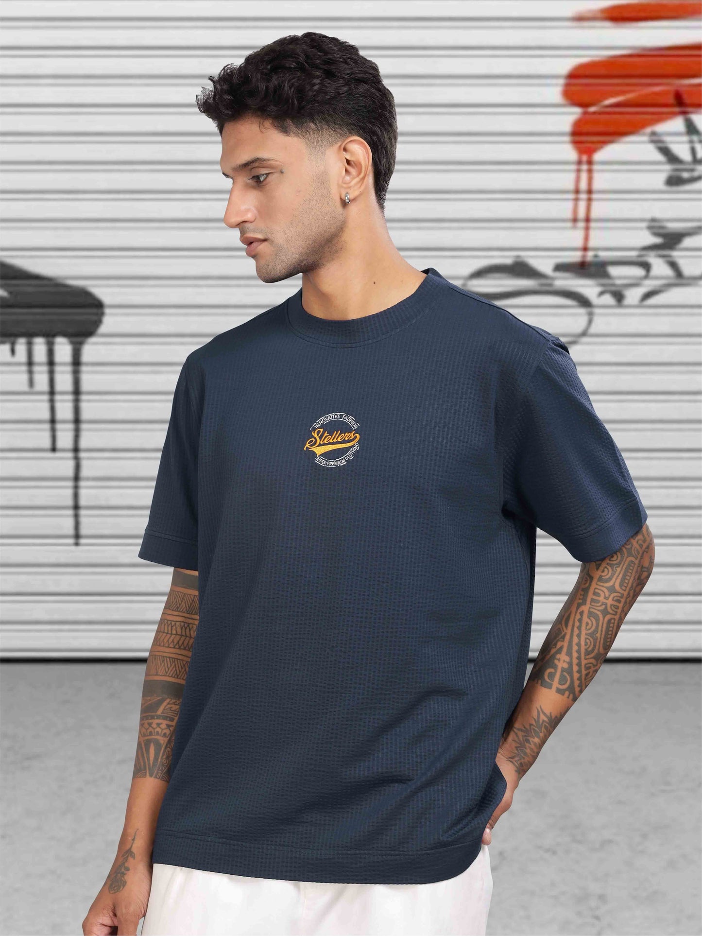 STELLERS Men's Oversized Printed T-Shi-T-Shirts-Navy Blue