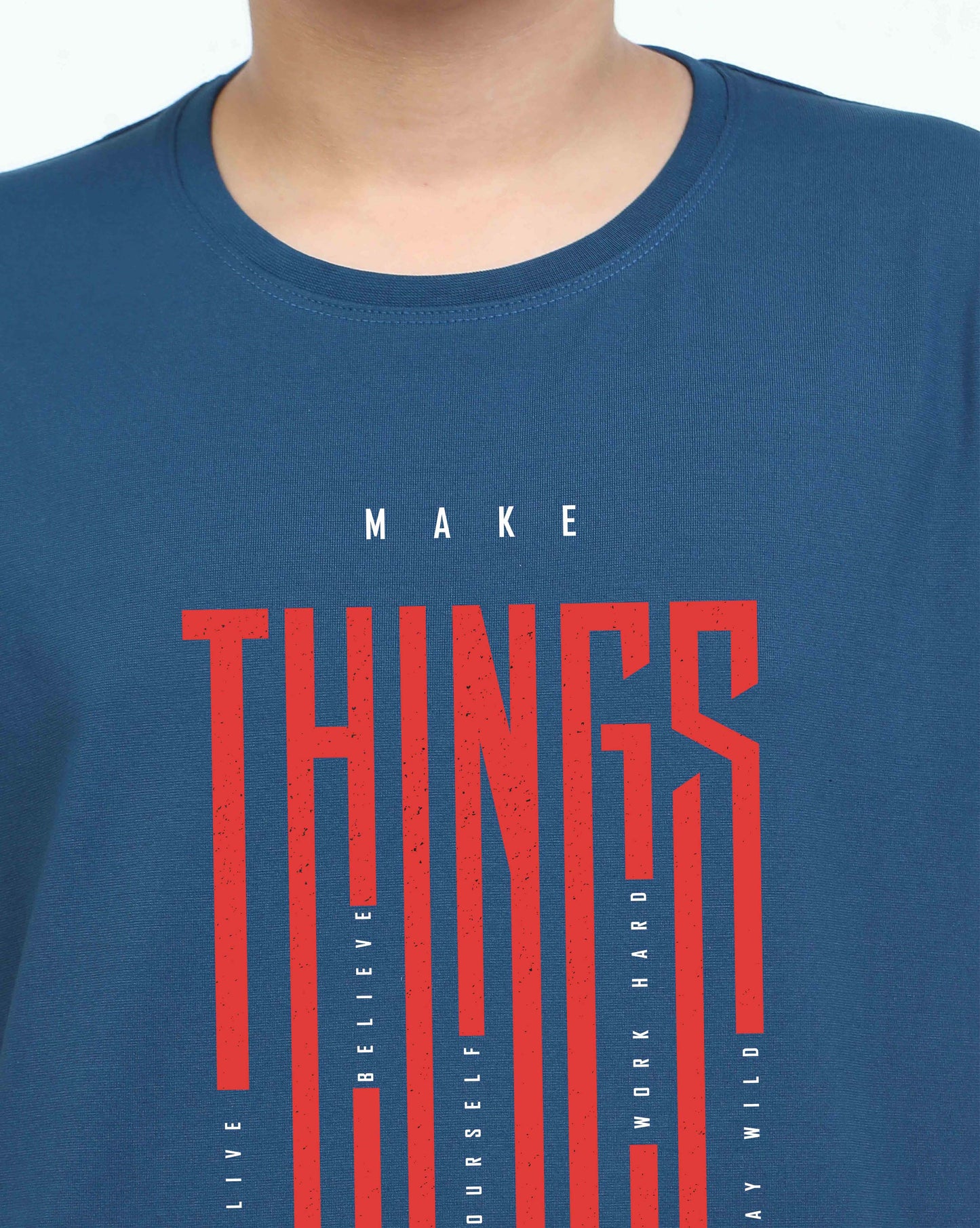 Teal Blue- Make Things Printed Crew Neck T-Shirt