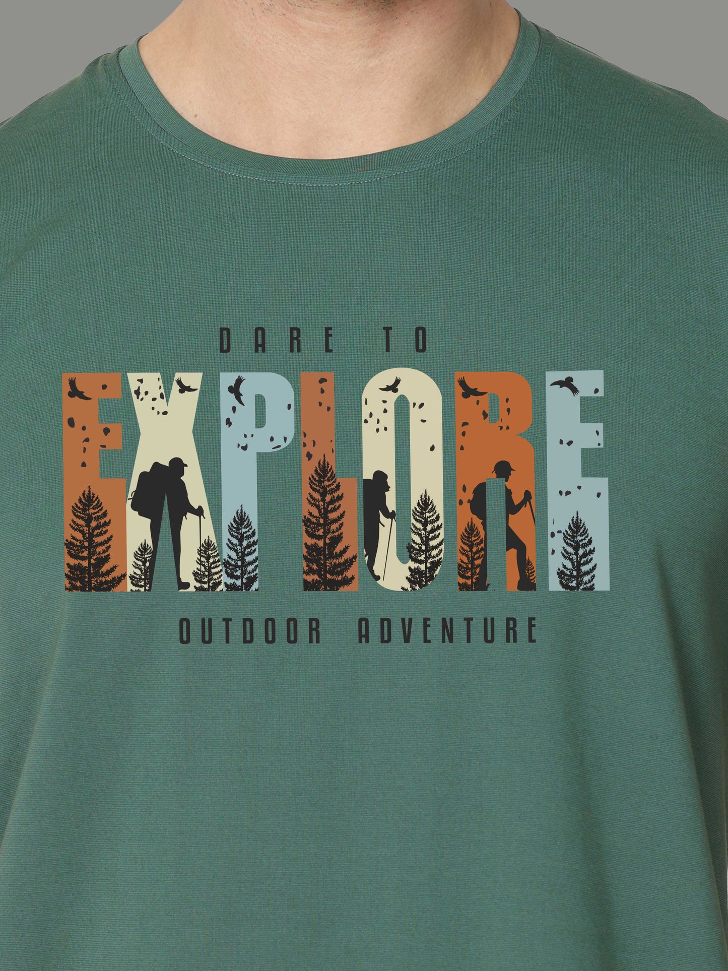 Aqua Green-EXPLORE Print Crew Neck Tees