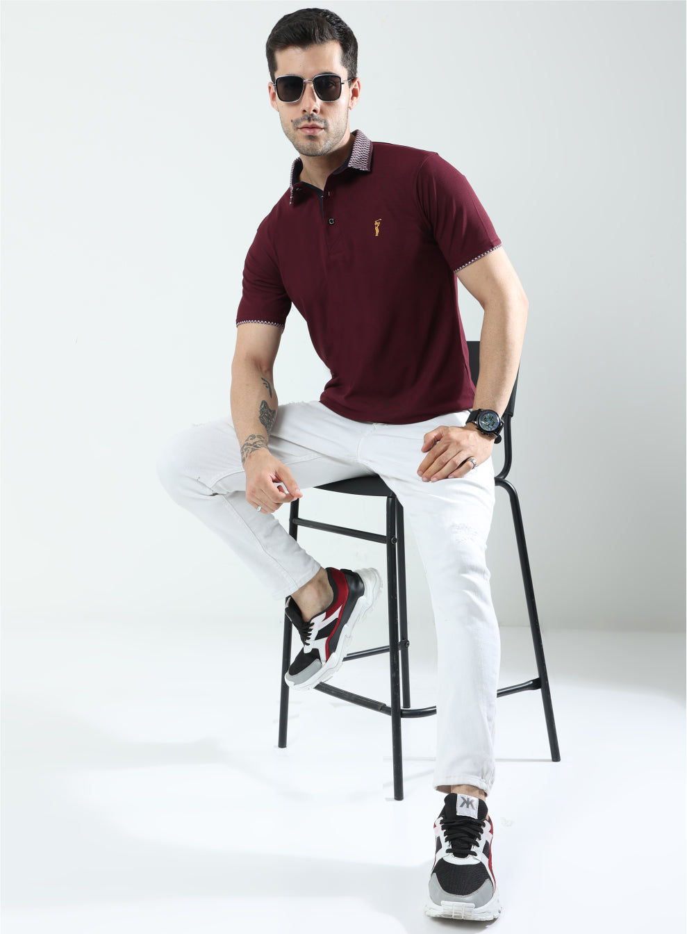 Wine Jacquard Collar Polo T-Shirt