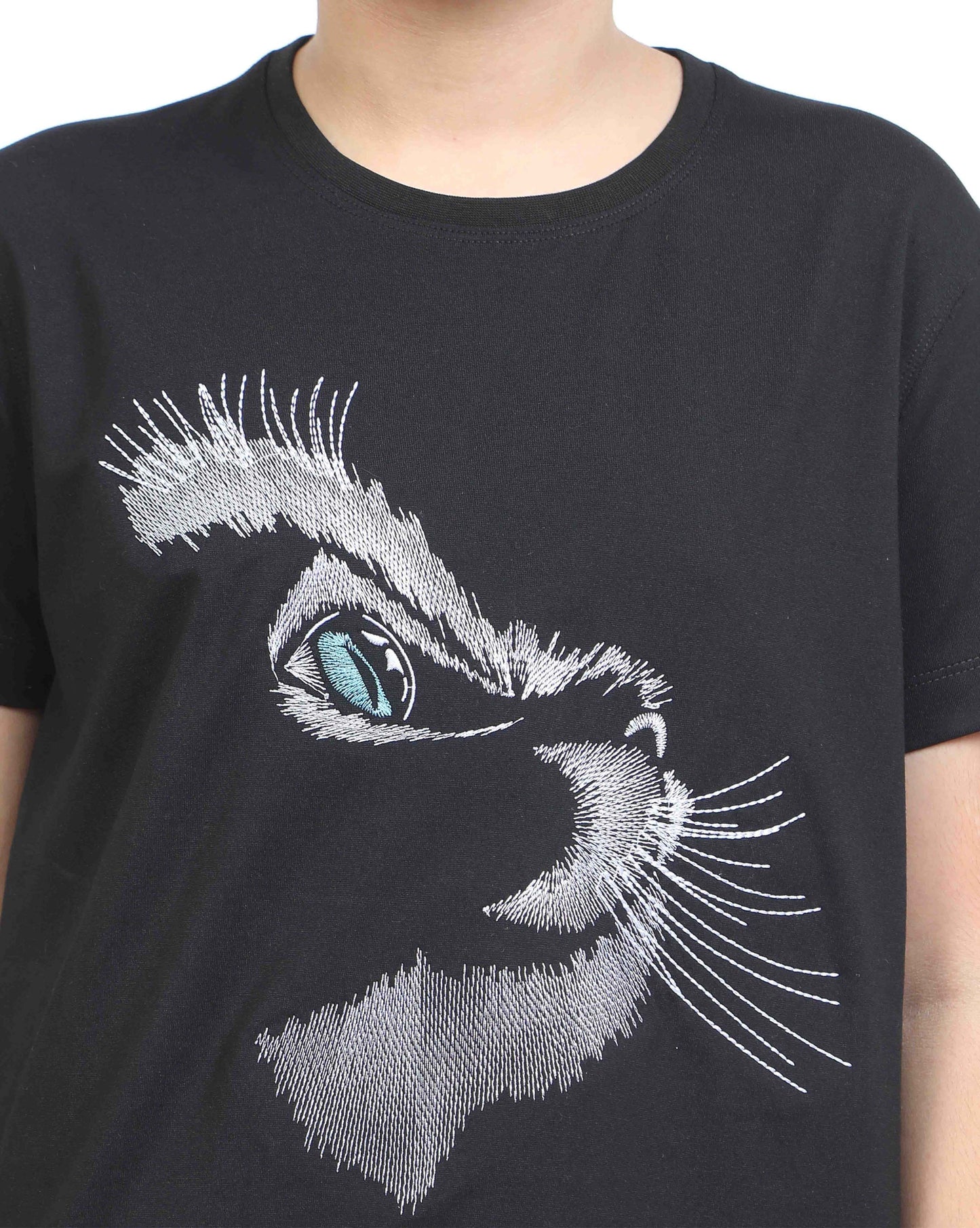 Cat Embroidery Crew Neck T-Shirt -Black