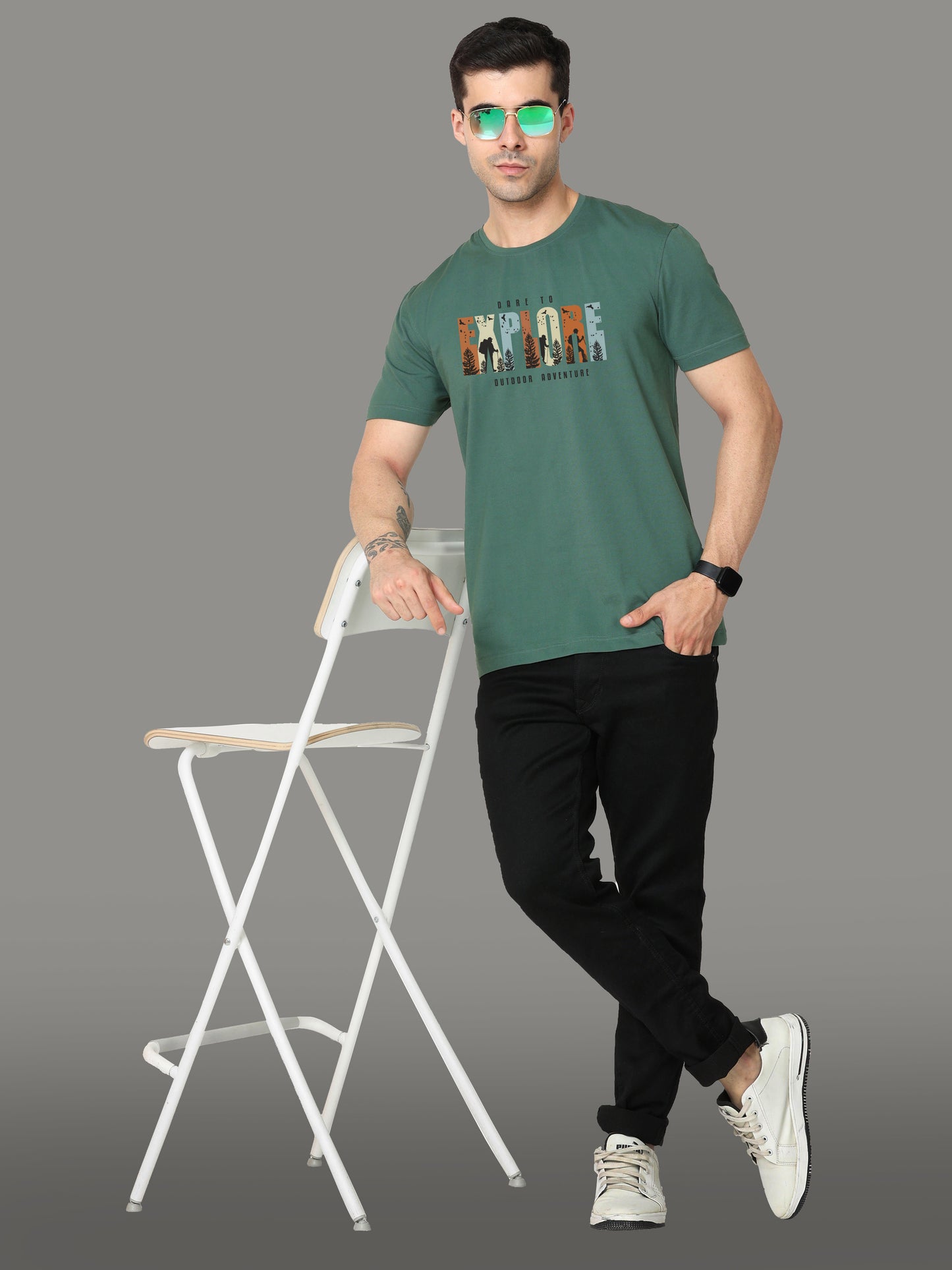 Aqua Green-EXPLORE Print Crew Neck Tees