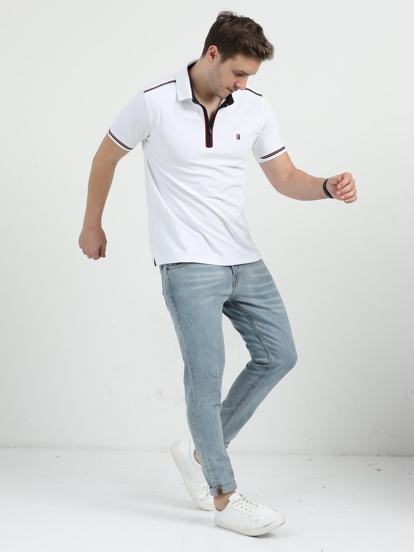 White Zipper Placket Polo T-Shirt