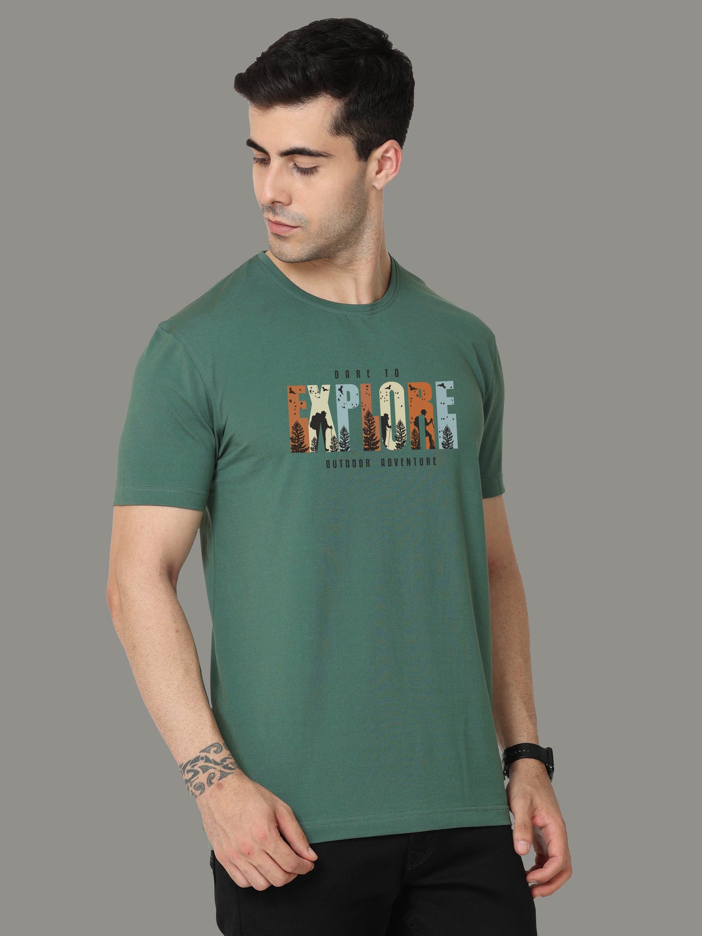 Aqua Green-EXPLORE Print Crew Neck Tees