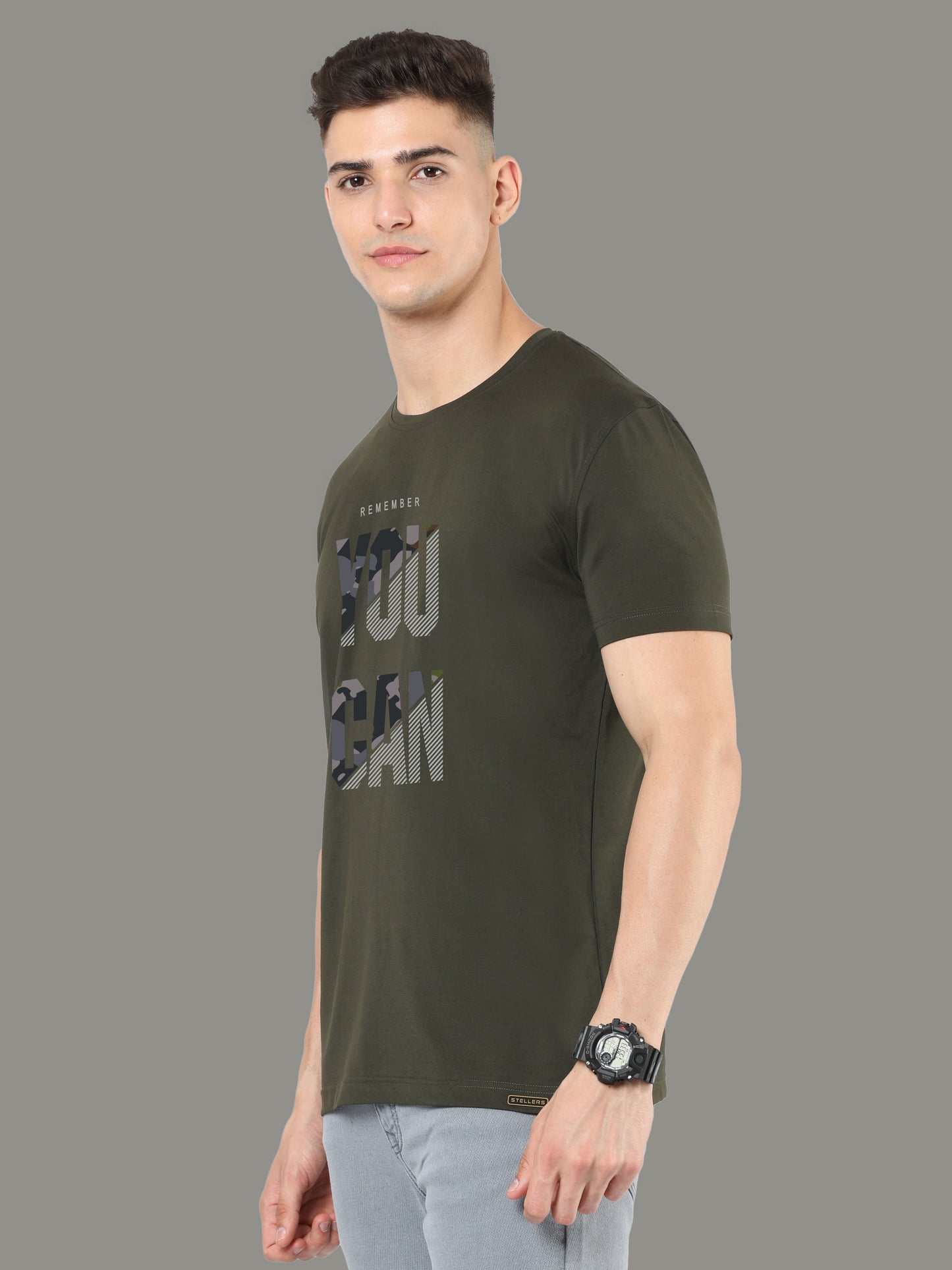 Olive Green-YOU CAN Print Crew Neck Tees