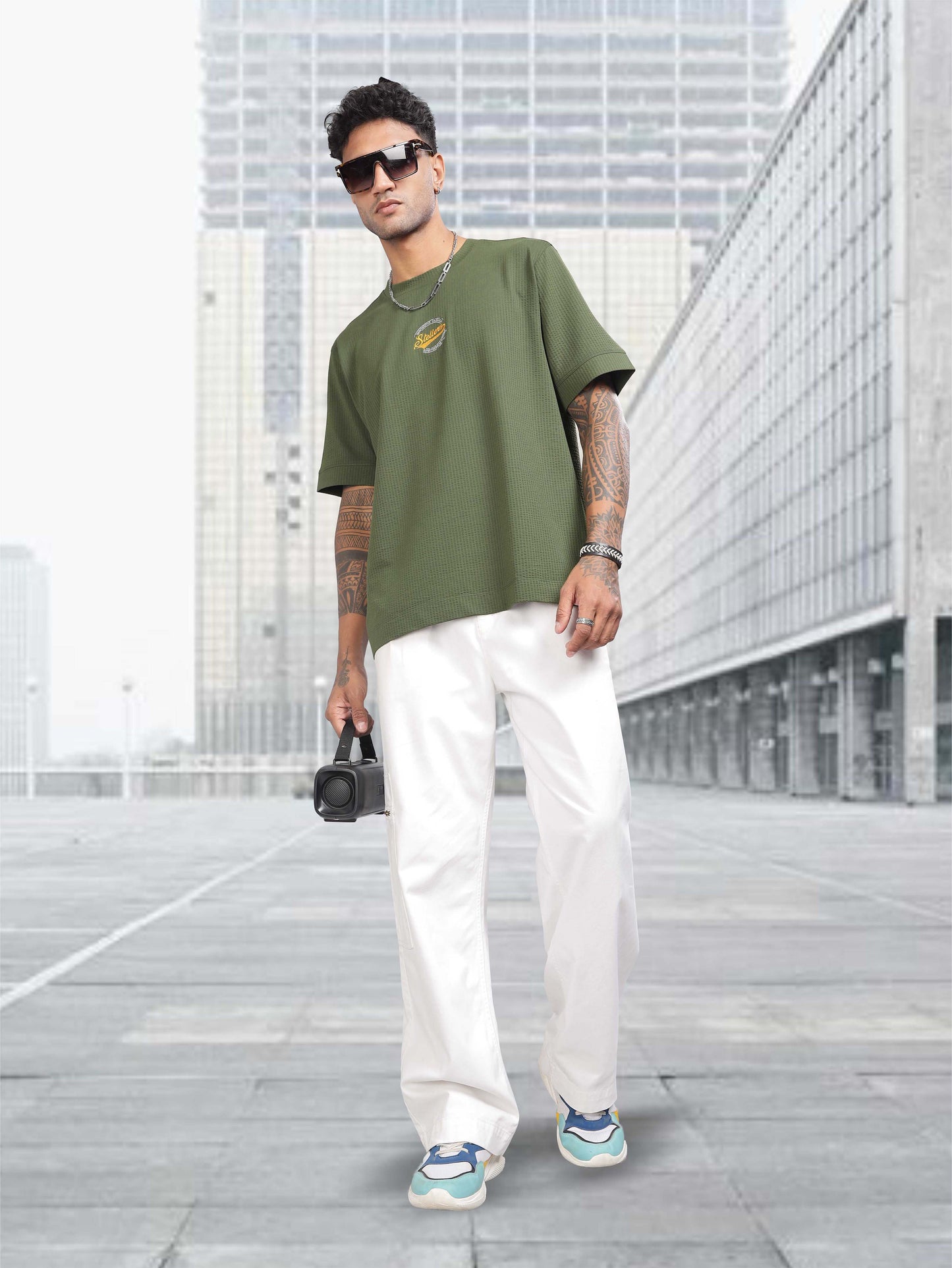 STELLERS Men's Oversized Printed T-Shi-T-Shirts-Olive Green