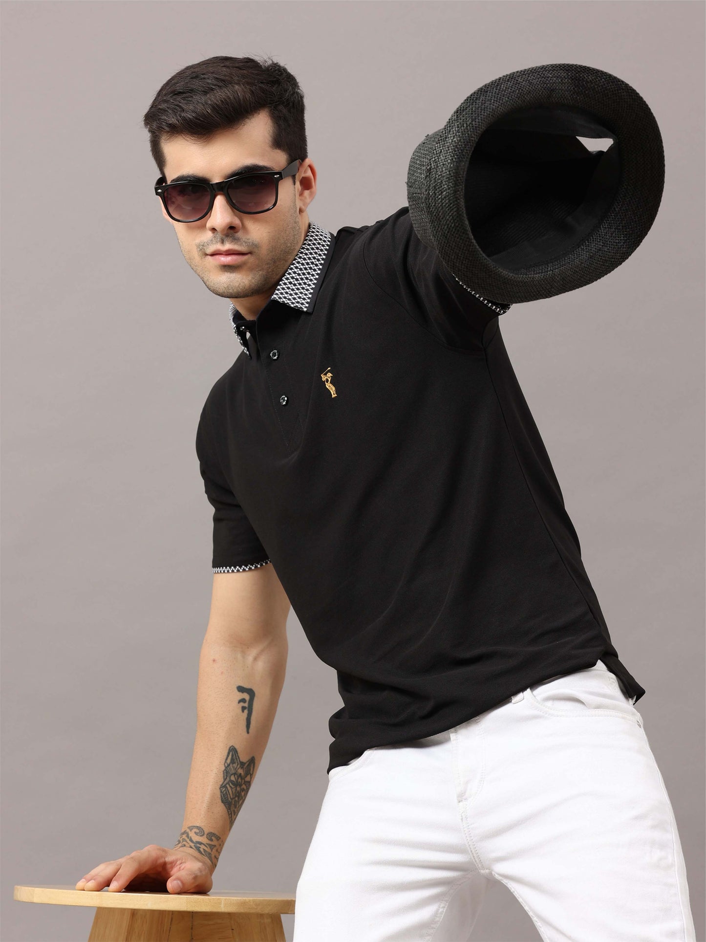 Black Jacquard Collar Polo T-Shirt