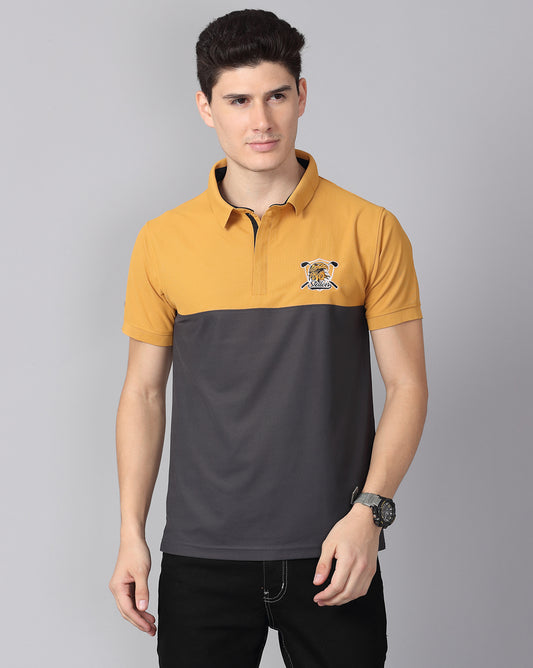 Mustard-Dark Grey Cut & Sew Polo T-Shirt