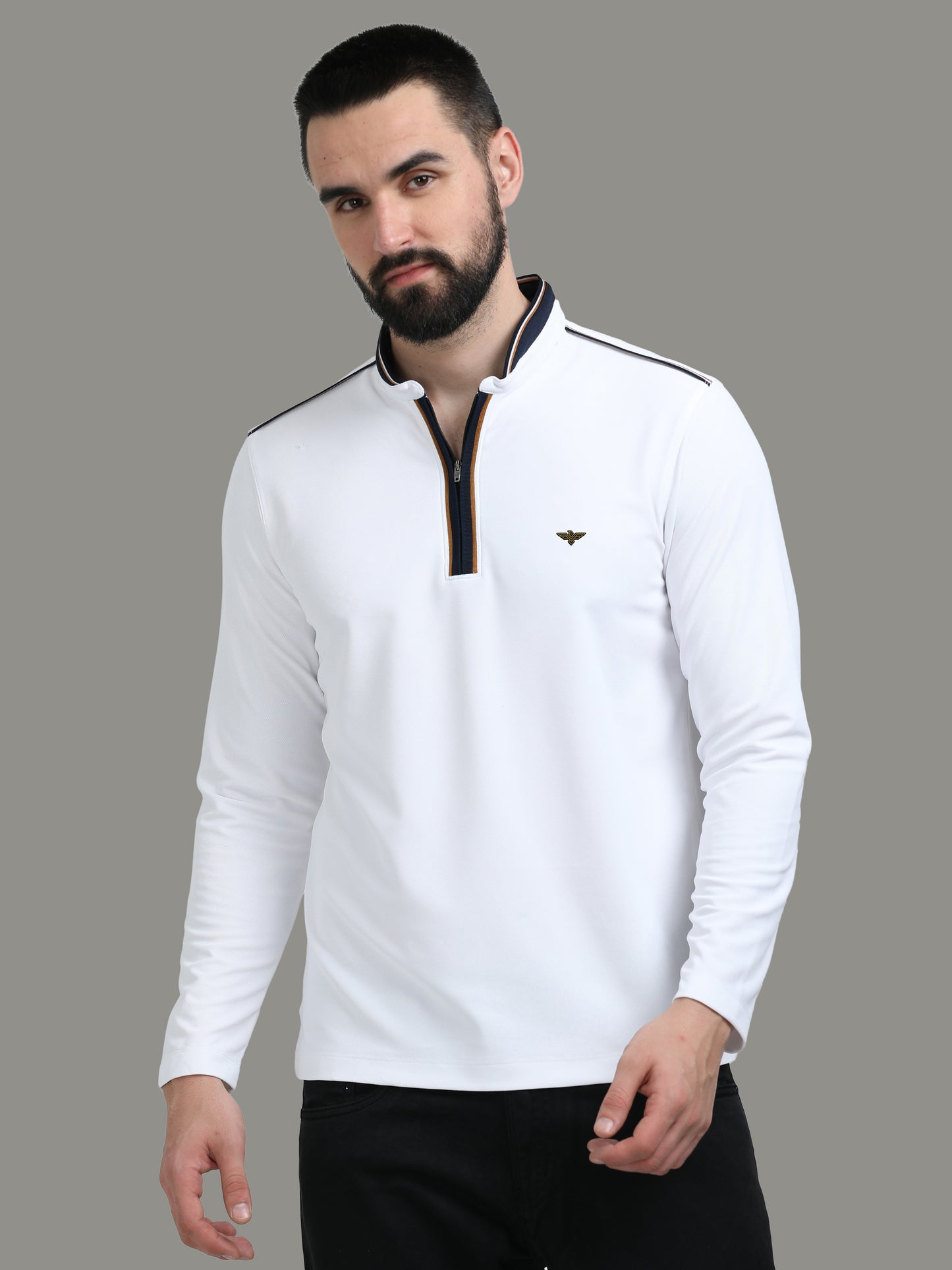 White Henley Full Sleeve Zipper T-Shirt