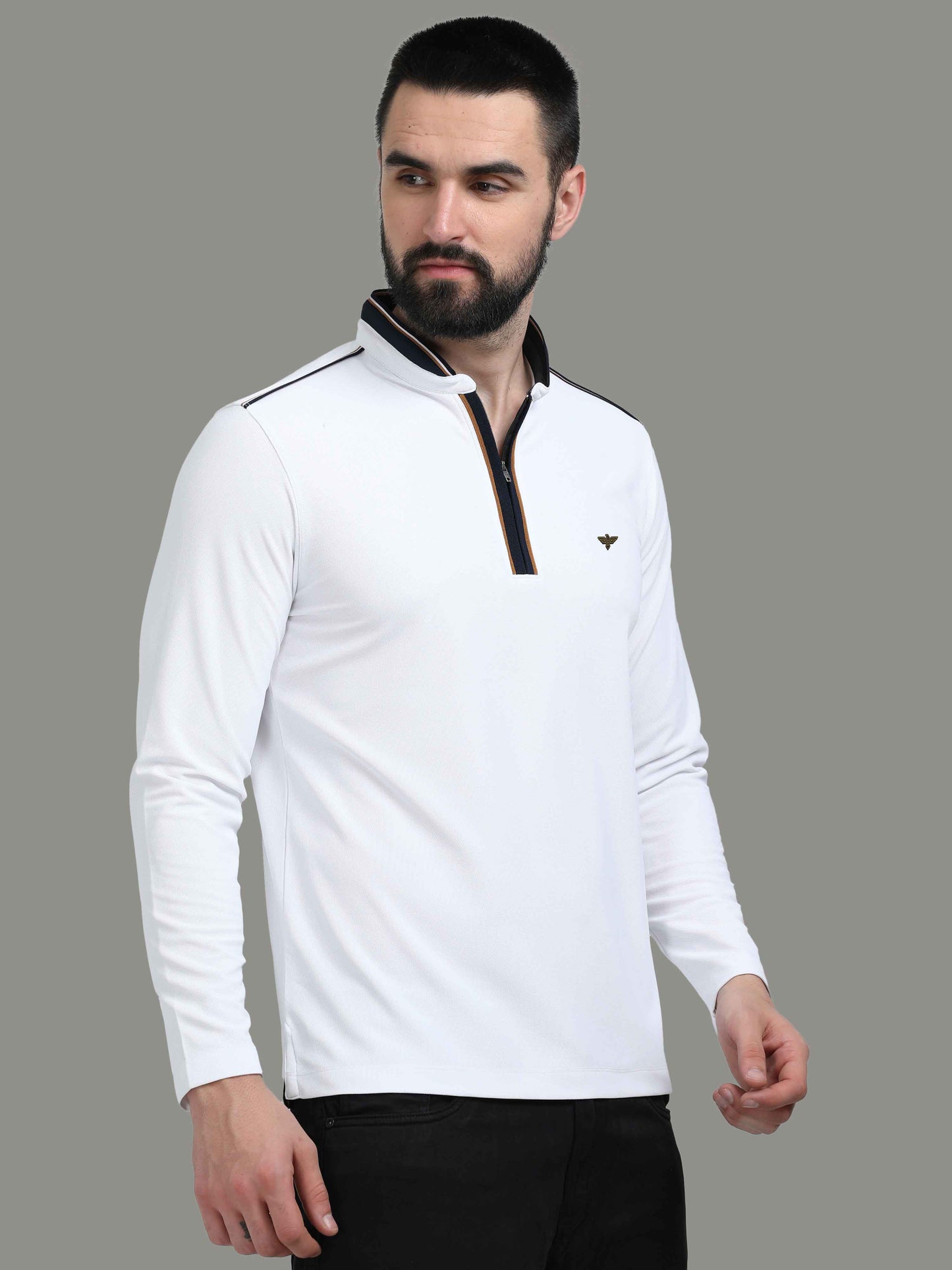 White Henley Full Sleeve Zipper T-Shirt