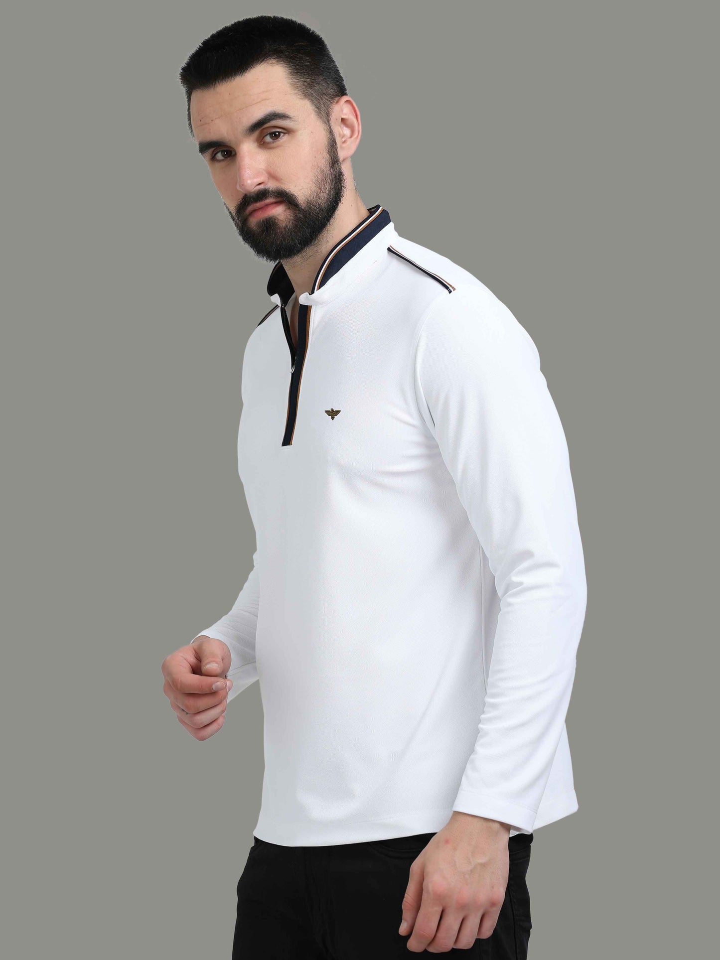 White Henley Full Sleeve Zipper T-Shirt