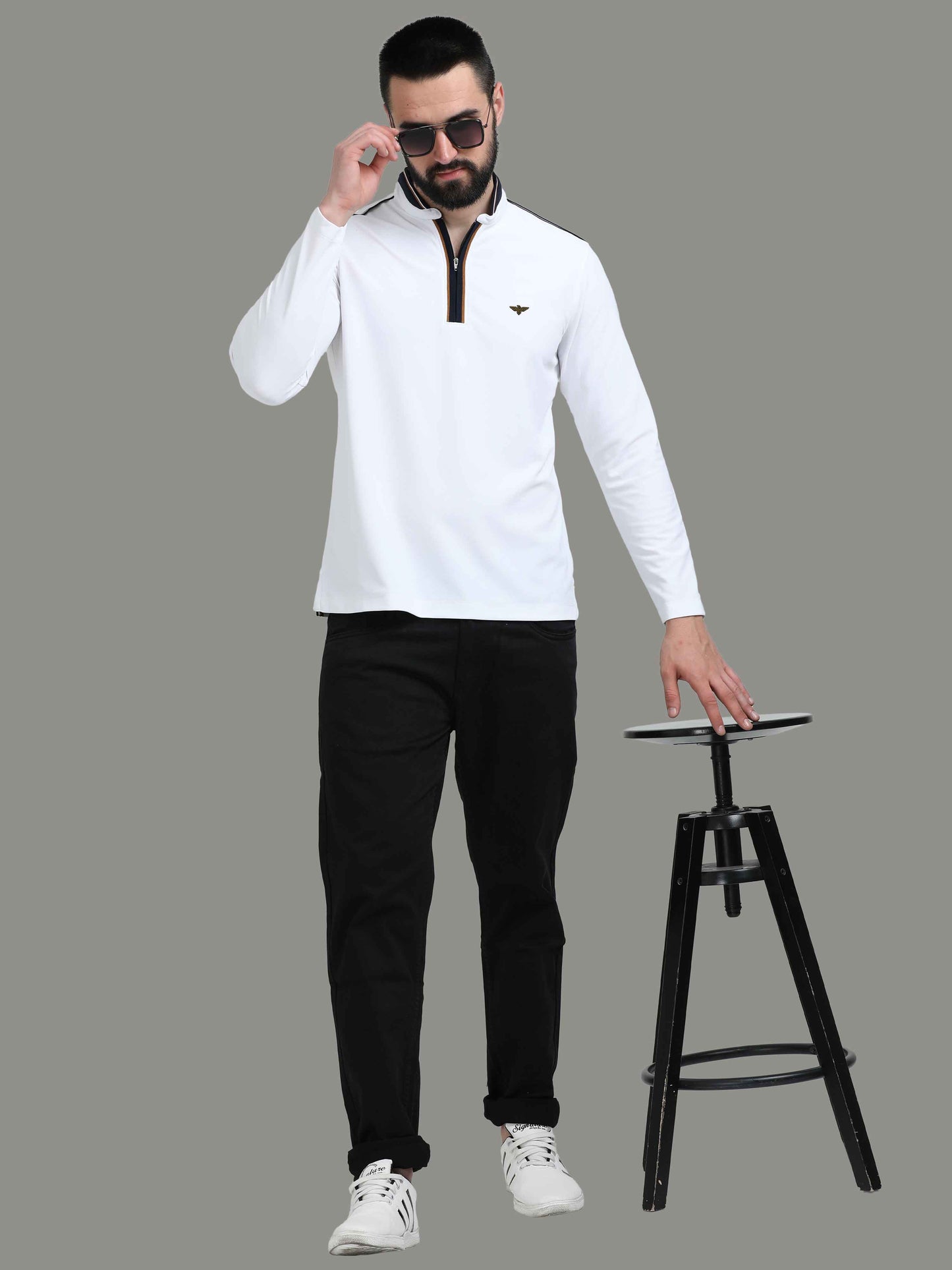 White Henley Full Sleeve Zipper T-Shirt